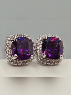 Amethyst Cushion Cut Halo Stud Earrings 925 Sterling Silver Purple Sparkly
